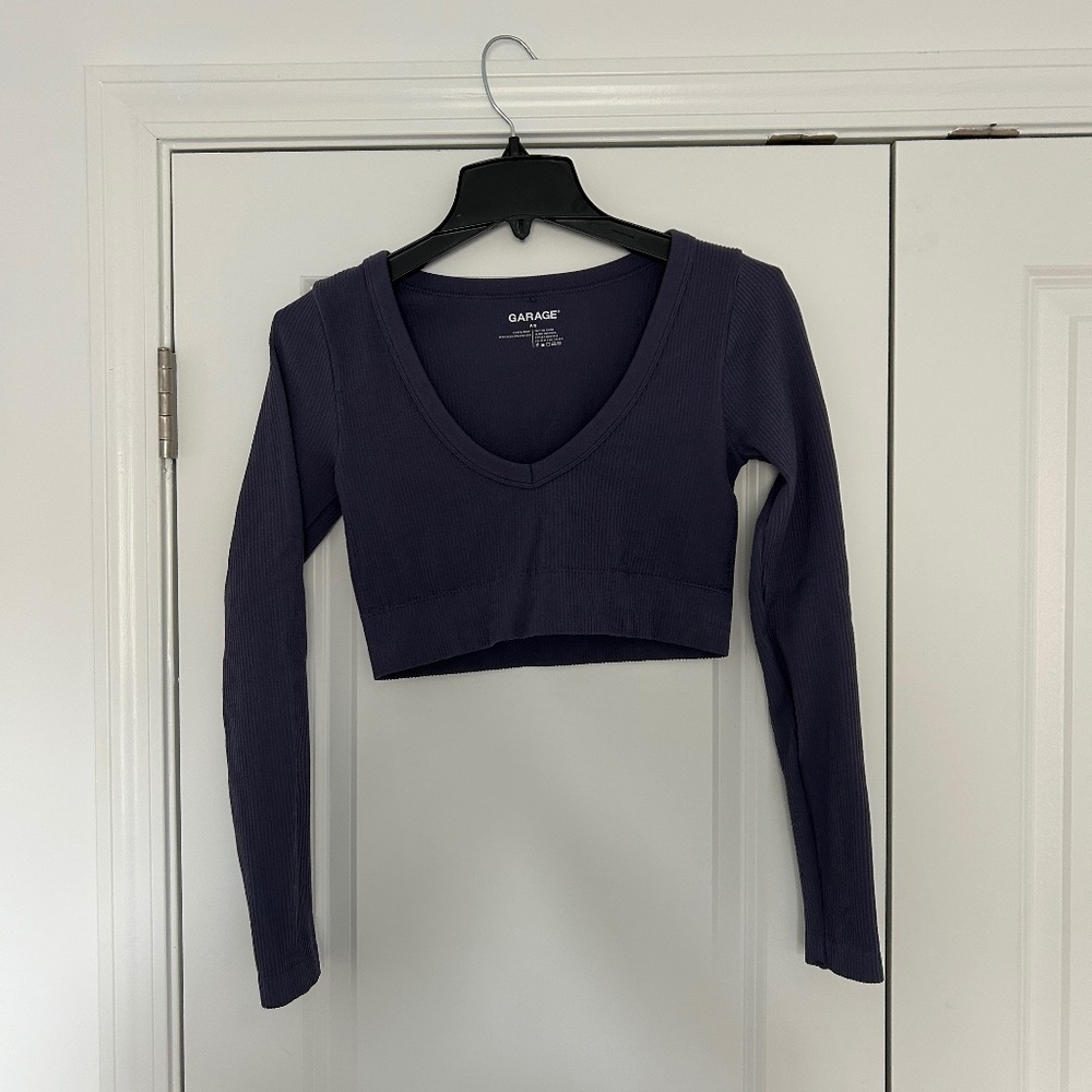 Purple Garage Seamless Ribbed Long Sleeve V-Neck Crop Top.